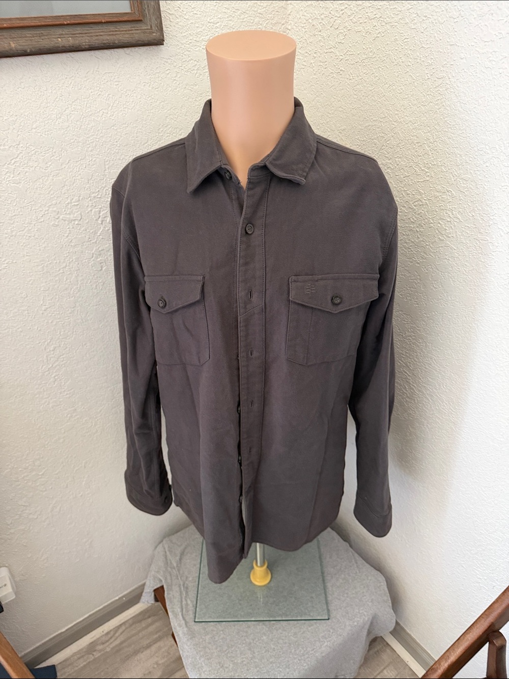 Men's Button-Up Shirt Jacket in Charcoal Gray dusty reddish hue workwear